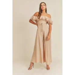 J+j Taupe Lace Off The Shoulder Ruffle Women's Jumper Rompers + Jumpers