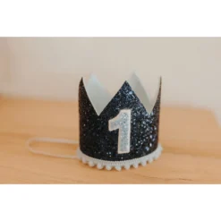 Cutest Little Party # 1 Navy Glitter + Baby Blue Pom Trim + White Glitter Crown