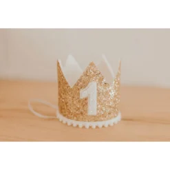Cutest Little Party Party Time # 1 Gold Glitter + White Pom Trim + White Glitter Crown