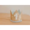 Cutest Little Party Party Time # 1 Gold Glitter + Baby Blue Pom Trim + White Glitter Crown