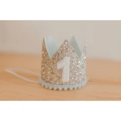 Cutest Little Party # 1 Silver Glitter + Baby Blue Pom Trim + White Glitter Crown Crowns