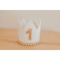 Cutest Little Party # 1 White Glitter + Toast Pom Trim/white Lining + Rose Gold/toast Felt Crown