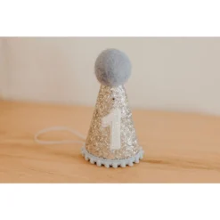 Cutest Little Party # 1 Silver Glitter + Baby Blue Pom Trim + White Glitter Party Hat