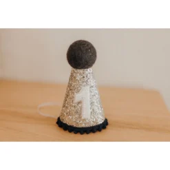 Cutest Little Party Party Time # 1 Silver Glitter + Navy Pom Trim + White Glitter Party Hat