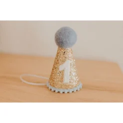 Cutest Little Party Party Hats # 1 Gold Glitter + Baby Blue Pom Trim + White Glitter Party Hat