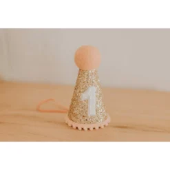 Cutest Little Party # 1 Gold Glitter + Blush Pom Trim + White Glitter Party Hat Party Time
