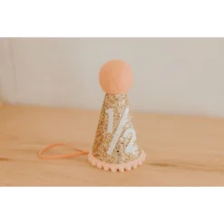 Cutest Little Party # 1/2 Gold Glitter + Blush Pom Trim + White Glitter Party Hat Party Time