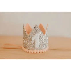 Cutest Little Party Party Time # 1 Silver Glitter + Blush Pom Trim + White Glitter Crown