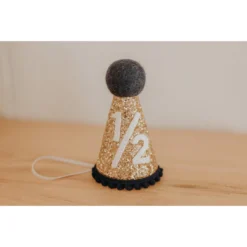 Cutest Little Party Party Time # 1/2 Gold Glitter + Navy Pom Trim + White Glitter Party Hat