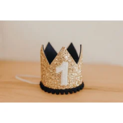 Cutest Little Party # 1 Gold Glitter + Navy Pom Trim + White Glitter Crown