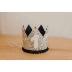 Cutest Little Party # 1 Silver Glitter + Navy Pom Trim + White Glitter Crown
