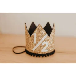 Cutest Little Party Party Time # 1/2 Gold Glitter + Black Pom Trim + White Glitter Crown