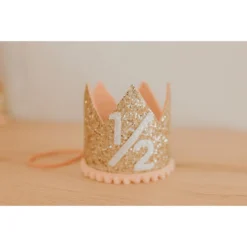 Cutest Little Party Party Time # 1/2 Gold Glitter + Blush Pom Trim + White Glitter Crown