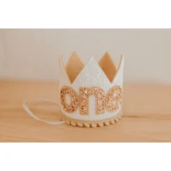 Cutest Little Party | One | White Glitter + Toast Pom Trim/white Lining + Rose Gold/toast Felt Crown Party Time