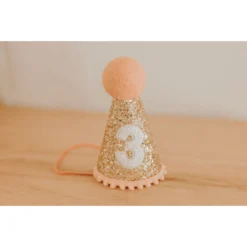 Cutest Little Party # 3 Gold Glitter + Blush Pom Trim + White Glitter Party Hat Party Time