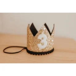Cutest Little Party # 3 Gold Glitter + Black Pom Trim + White Glitter Crown