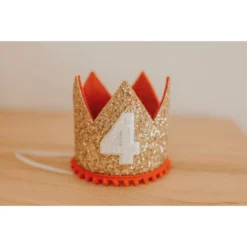 Cutest Little Party Party Time # 4 Gold Glitter + Red Pom Trim + White Glitter Crown