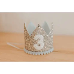 Cutest Little Party # 3 Silver Glitter + Baby Blue Pom Trim + White Glitter Crown Party Time