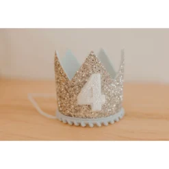 Cutest Little Party # 4 Silver Glitter + Baby Blue Pom Trim + White Glitter Crown Party Time