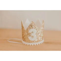 Cutest Little Party # 3 Gold Glitter + White Pom Trim + White Glitter Crown