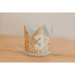 Cutest Little Party # 3 Gold Glitter + Baby Blue Pom Trim + White Glitter Crown
