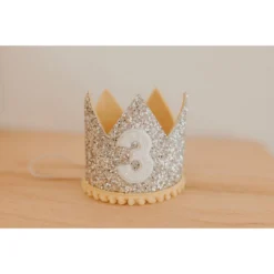 Cutest Little Party # 3 Silver Glitter + Mustard Pom Trim + White Glitter Crown Crowns