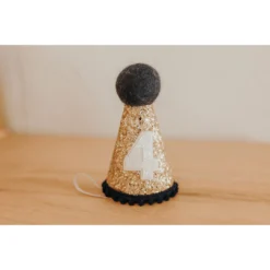 Cutest Little Party # 4 Gold Glitter + Navy Pom Trim + White Glitter Party Hat Party Time