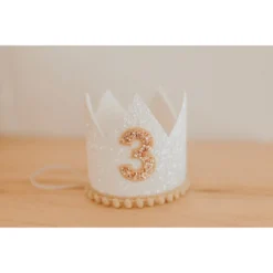 Cutest Little Party Party Time # 3 White Glitter + Toast Pom Trim/white Lining + Rose Gold/toast Felt Crown