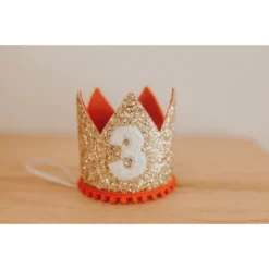 Cutest Little Party # 3 Gold Glitter + Red Pom Trim + White Glitter Crown Party Time