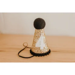 Cutest Little Party # 4 Gold Glitter + Black Pom Trim + White Glitter Party Hat