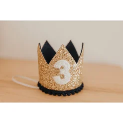 Cutest Little Party # 3 Gold Glitter + Navy Pom Trim + White Glitter Crown