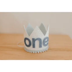 Cutest Little Party Crowns | One | White Glitter + Baby Blue Pom Trim + Pool Felt Crown