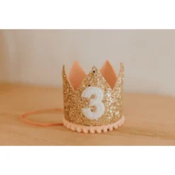 Cutest Little Party Party Time # 3 Gold Glitter + Blush Pom Trim + White Glitter Crown