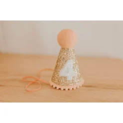 Cutest Little Party # 4 Gold Glitter + Blush Pom Trim + White Glitter Party Hat