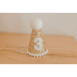 Cutest Little Party # 3 Gold Glitter + White Pom Trim + White Glitter Party Hat
