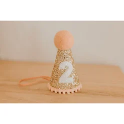 Cutest Little Party # 2 Gold Glitter + Blush Pom Trim + White Glitter Party Hat
