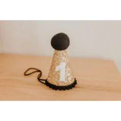 Cutest Little Party Party Time # 1 Gold Glitter + Black Pom Trim + White Glitter Party Hat