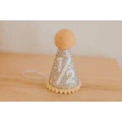 Cutest Little Party # 1/2 Silver Glitter + Mustard Pom Trim + White Glitter Party Hat