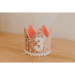 Cutest Little Party Party Time # 3 Mosaic Glitter + White Pom Trim/hot Pink + White Glitter Crown