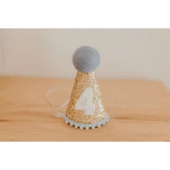 Cutest Little Party Party Time # 4 Gold Glitter + Baby Blue Pom Trim + White Glitter Party Hat