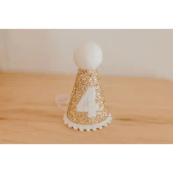 Cutest Little Party # 4 Gold Glitter + White Pom Trim + White Glitter Party Hat Party Time