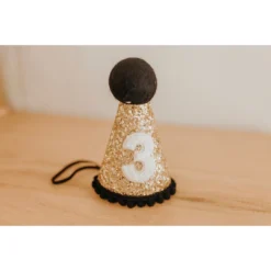 Cutest Little Party Party Time # 3 Gold Glitter + Black Pom Trim + White Glitter Party Hat