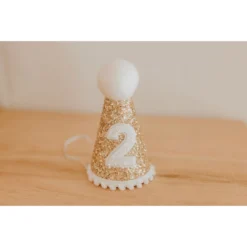 Cutest Little Party # 2 Gold Glitter + White Pom Trim + White Glitter Party Hat