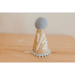 Cutest Little Party # 1/2 Gold Glitter + Baby Blue Pom Trim + White Glitter Party Hat Party Time