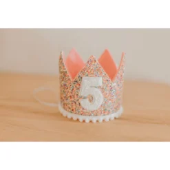 Cutest Little Party Party Time # 5 Mosaic Glitter + White Pom Trim/hot Pink + White Glitter Crown