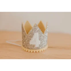 Cutest Little Party # 4 Silver Glitter + Mustard Pom Trim + White Glitter Crown