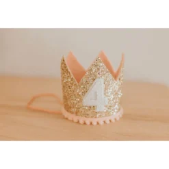 Cutest Little Party # 4 Gold Glitter + Blush Pom Trim + White Glitter Crown Party Time