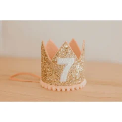 Cutest Little Party Party Time # 7 Gold Glitter + Blush Pom Trim + White Glitter Crown