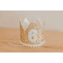 Cutest Little Party # 6 Gold Glitter + White Pom Trim + White Glitter Crown