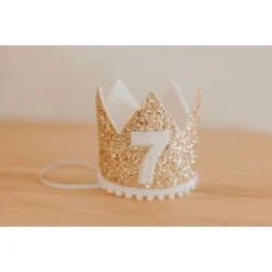 Cutest Little Party # 7 Gold Glitter + White Pom Trim + White Glitter Crown Party Time